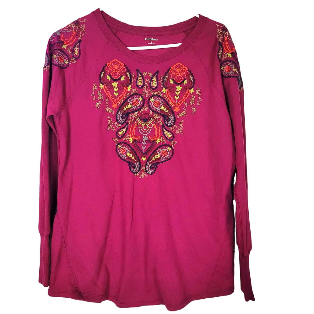 Ruff Hewn Pink Embroidered Paisley Pullover Sweatshirt Boho Womans Size Medium